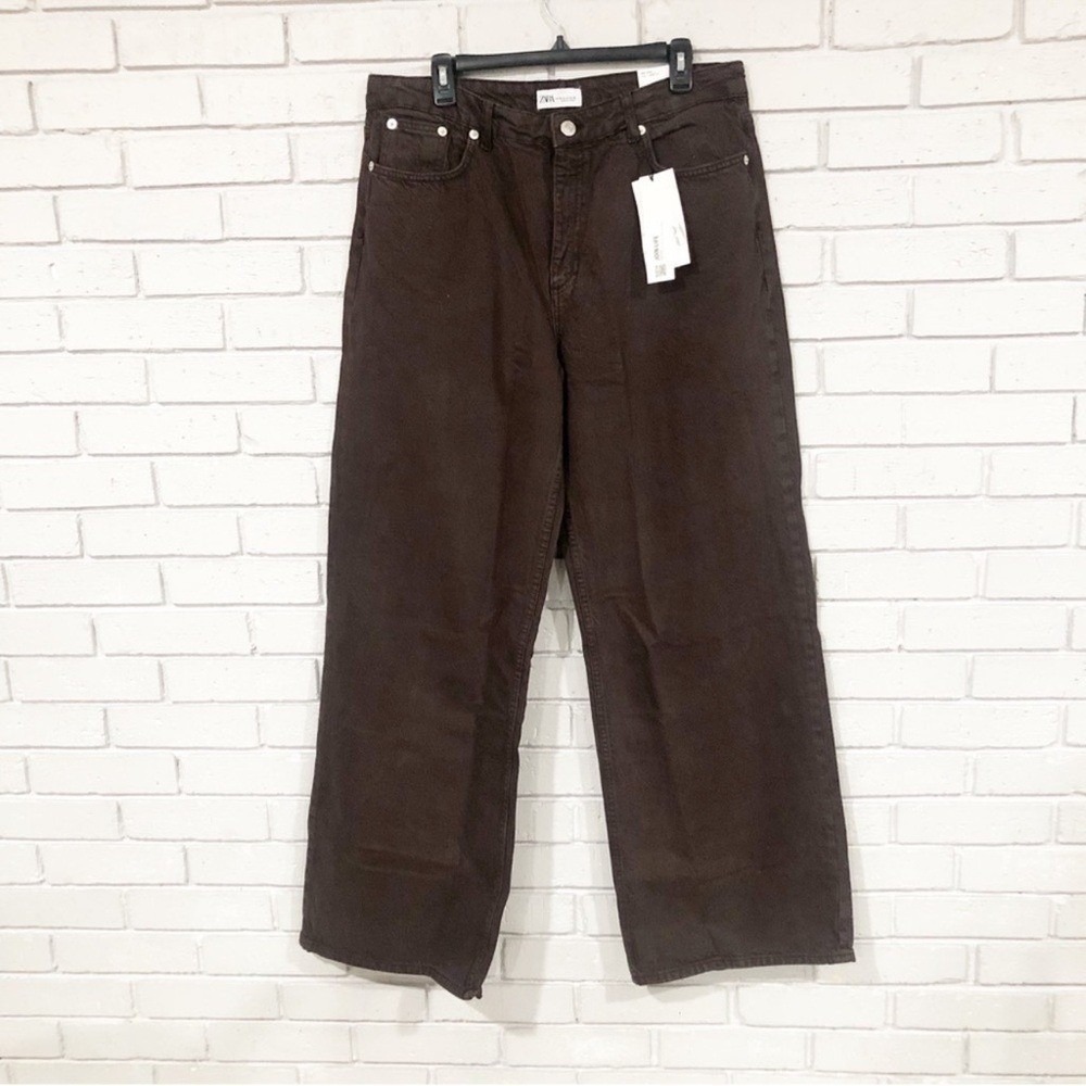 Zara Womens Mid Rise Full Length Wide Leg Jeans Brown | Size 14 NEW